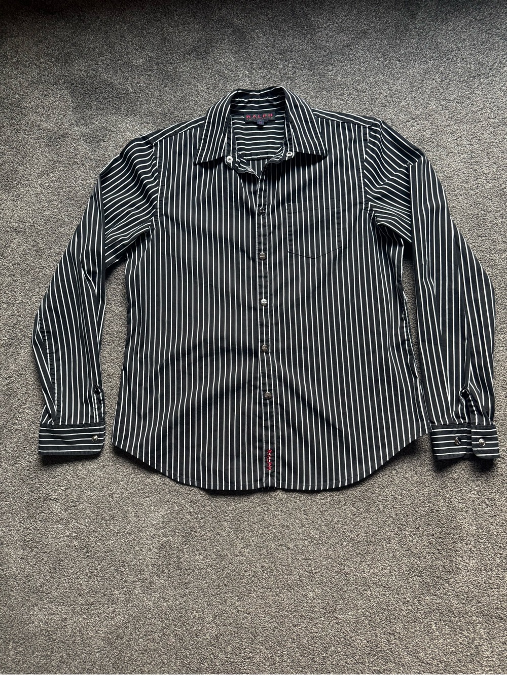 Vintage Ralph Lauren Black Button-Up Shirt with White Pinstripes